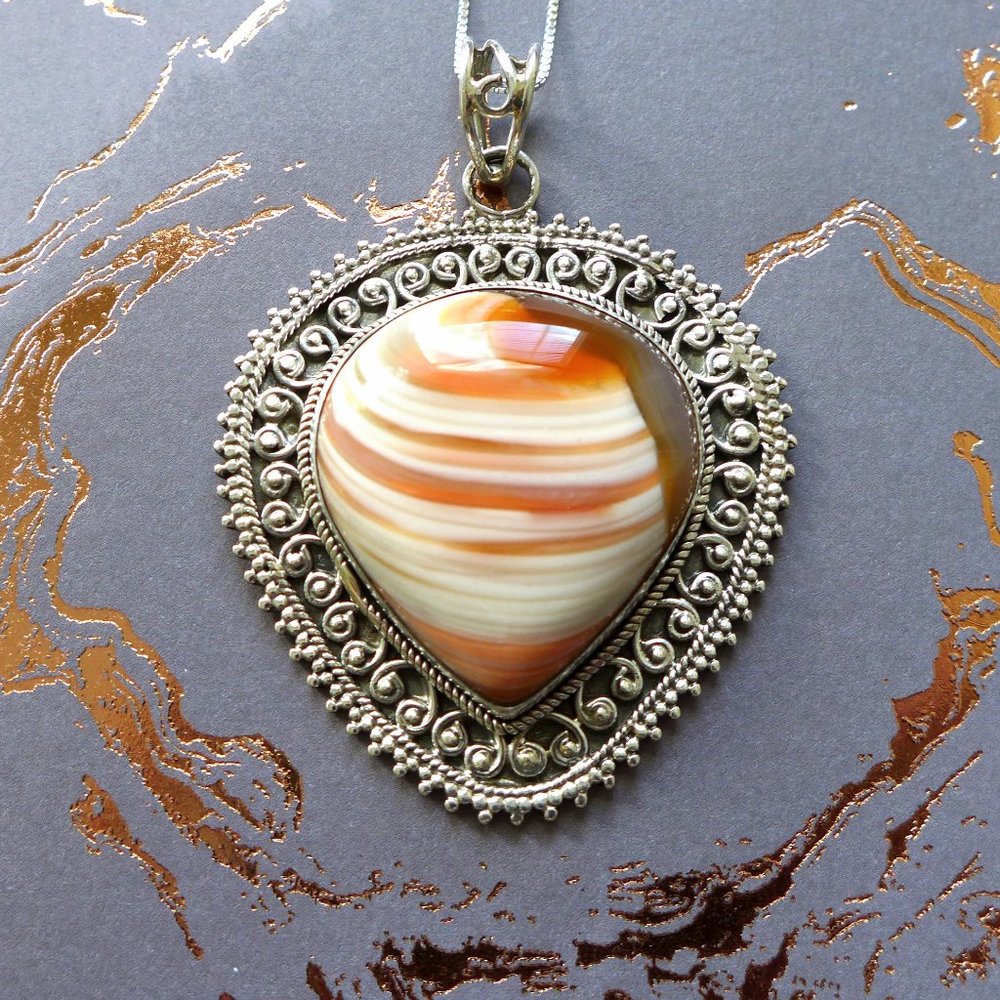 Large Peach & White Banded Agate Silver pendant